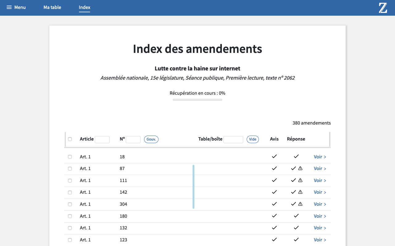 Interface de Zam